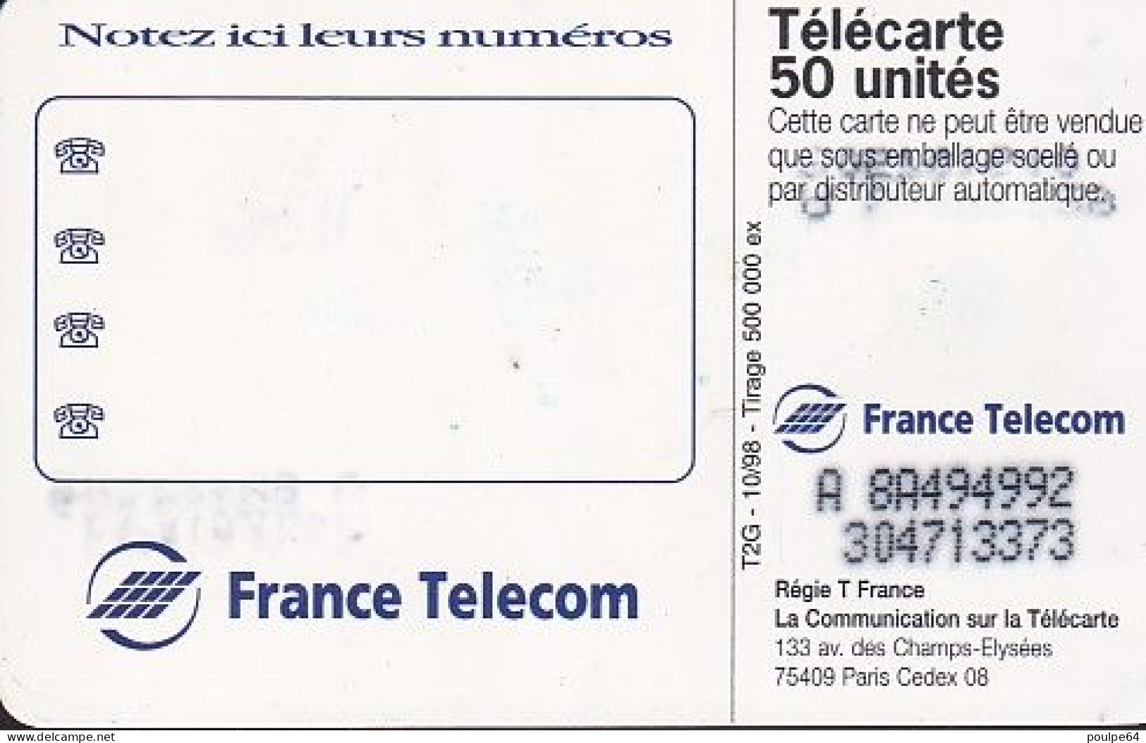 F916A 10/1998 - PUBLI-DAME - 50 SO3 - (verso : N° Deux Lignes - 2ème Ligne Vers La Droite) - 1998