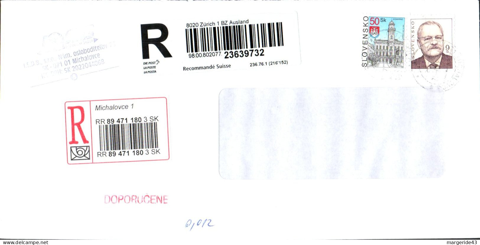 SLOVAQUIE AFFRANCHISSEMENT COMPOSE SUR LETTRE RECOMMANDEE POUR LA SUISSE 2007 - Lettres & Documents