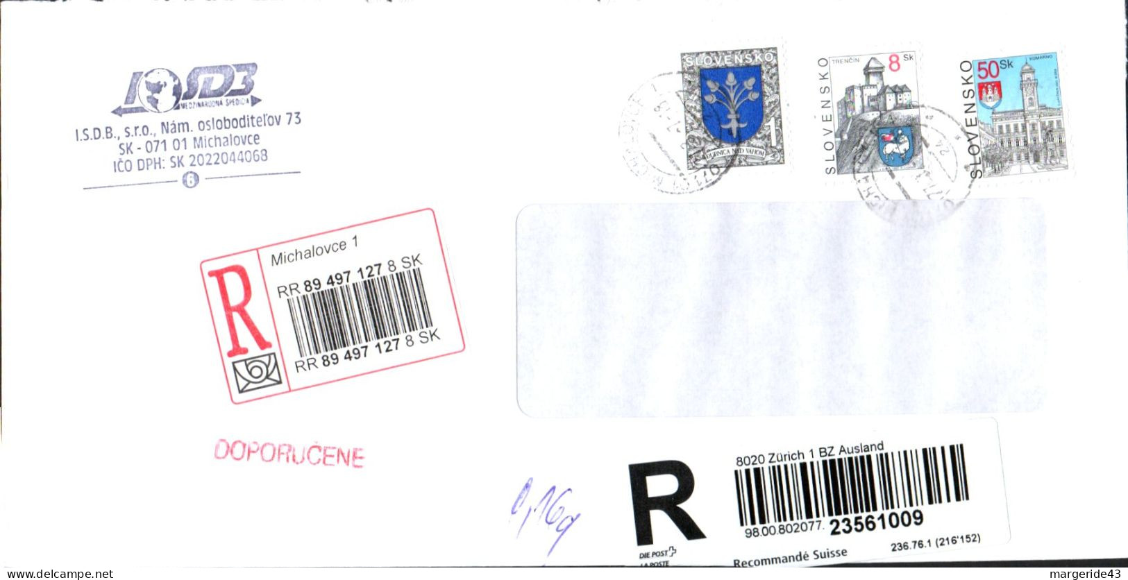 SLOVAQUIE AFFRANCHISSEMENT COMPOSE SUR LETTRE RECOMMANDEE POUR LA SUISSE 2007 - Covers & Documents