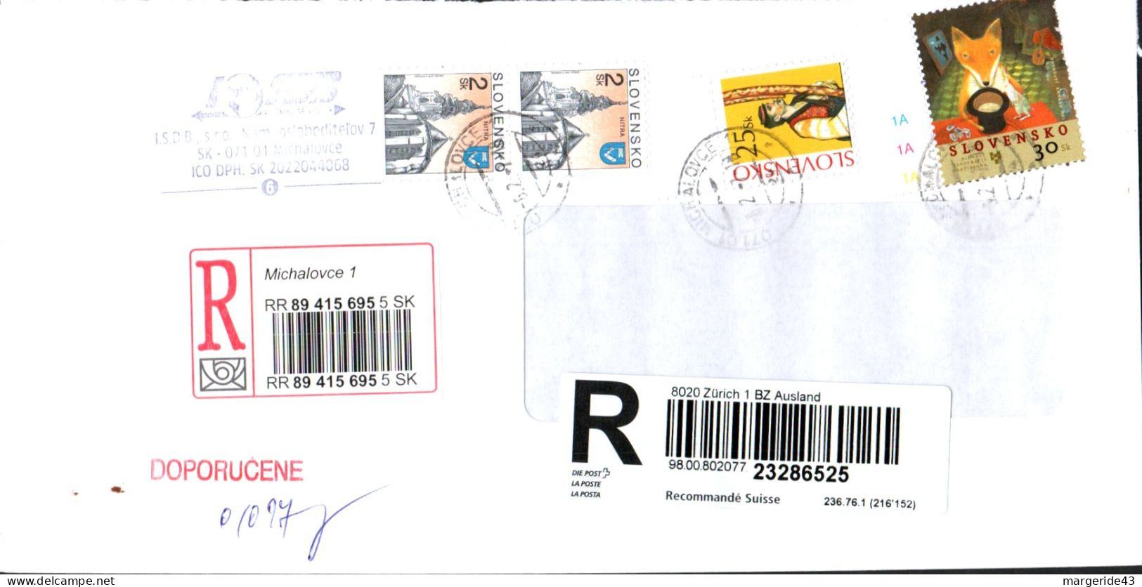 SLOVAQUIE AFFRANCHISSEMENT COMPOSE SUR LETTRE RECOMMANDEE POUR LA SUISSE 2007 - Covers & Documents