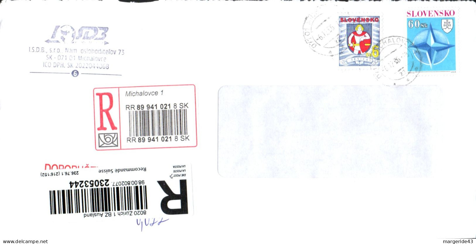 SLOVAQUIE AFFRANCHISSEMENT COMPOSE SUR LETTRE RECOMMANDEE POUR LA SUISSE 2006 - Storia Postale