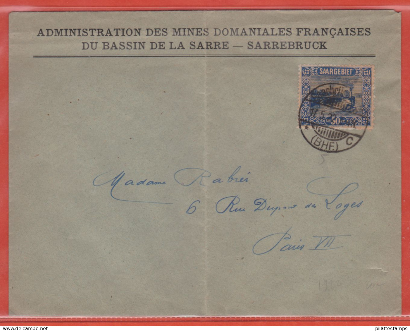 SARRE LETTRE ADMINISTRATION DES MINES DE 1922 DE SARREBRUCK POUR PARIS FRANCE - Otros & Sin Clasificación