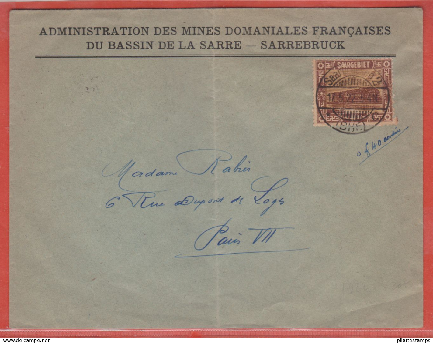 SARRE LETTRE ADMINISTRATION DES MINES DE 1922 DE SARREBRUCK POUR PARIS FRANCE - Altri & Non Classificati