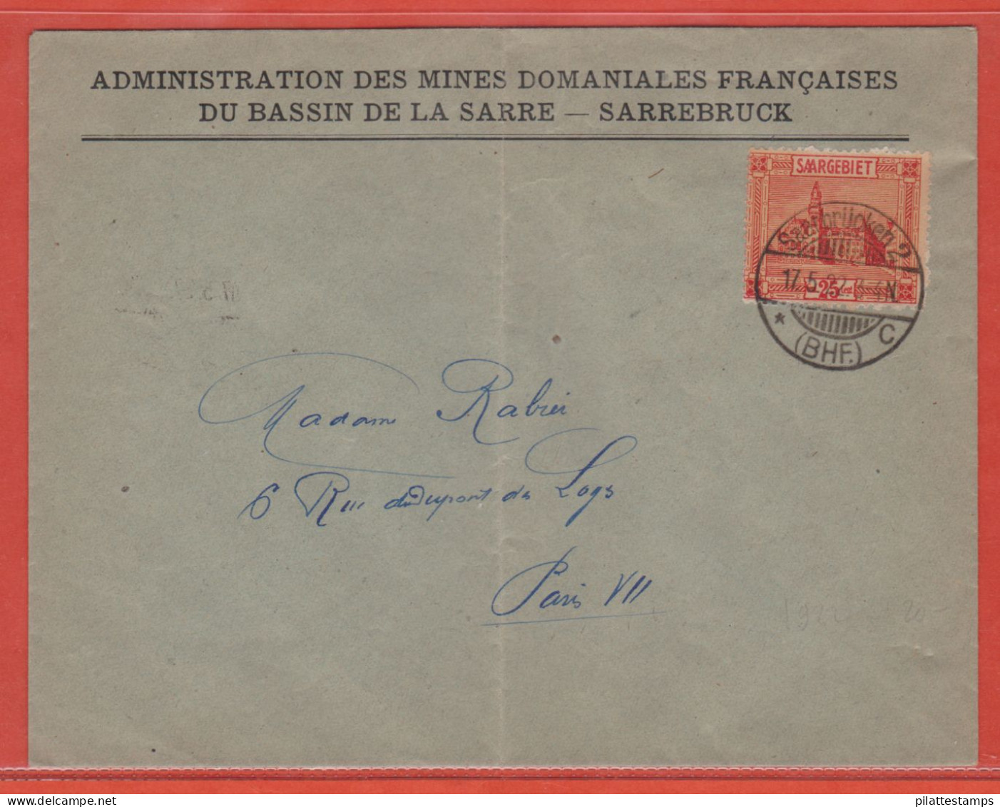 SARRE LETTRE ADMINISTRATION DES MINES DE 1922 DE SARREBRUCK POUR PARIS FRANCE - Otros & Sin Clasificación