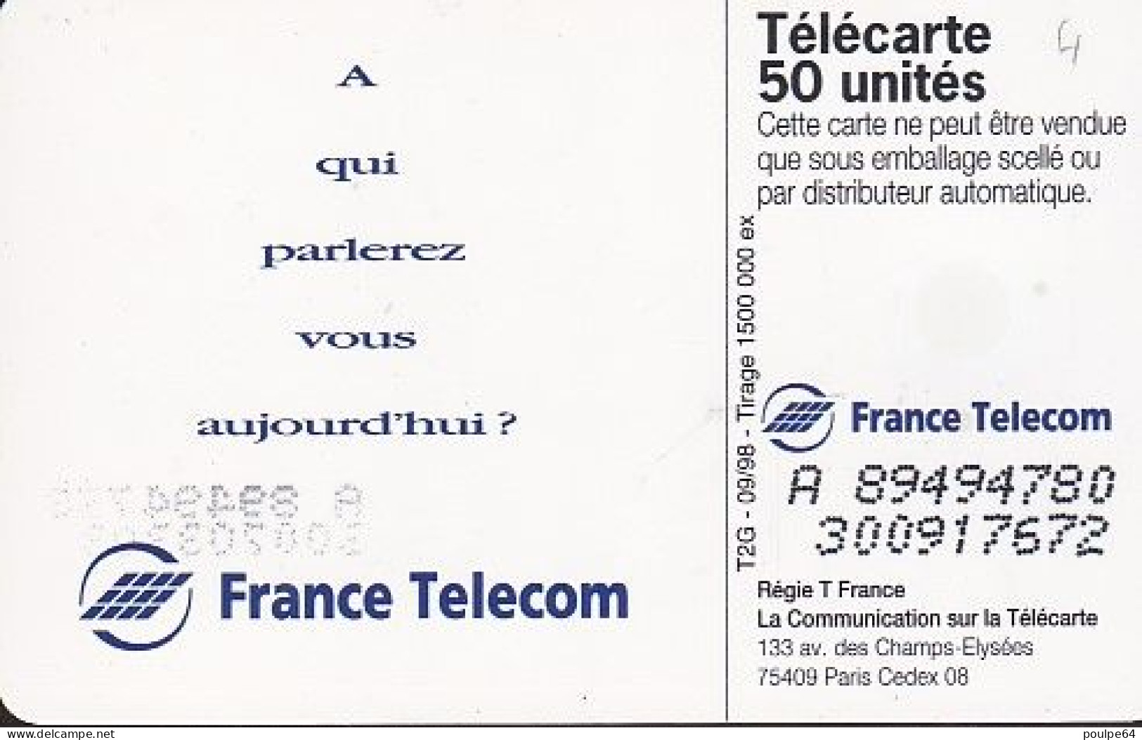 F917 09/1998 - PUBLI-BUS HOMMES - 50 SO3 - (verso : N° Deux Lignes - 2ème Ligne Vers La Droite) - 1998