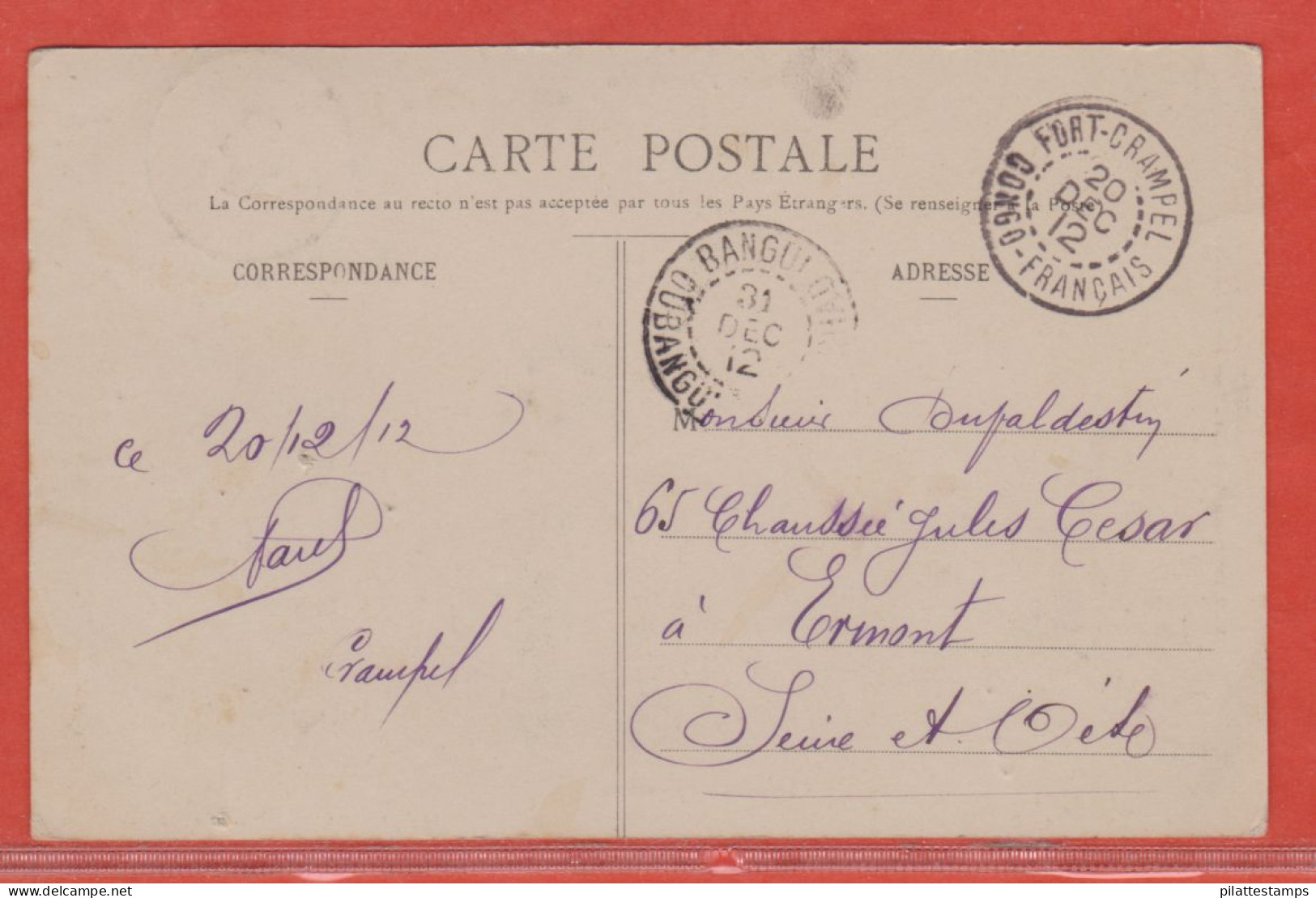 CONGO CARTE CHASSE A L'HIPPOPOTAME DE 1912 DE FORT CRAMPEL POUR ERMONT FRANCE - Cartas & Documentos