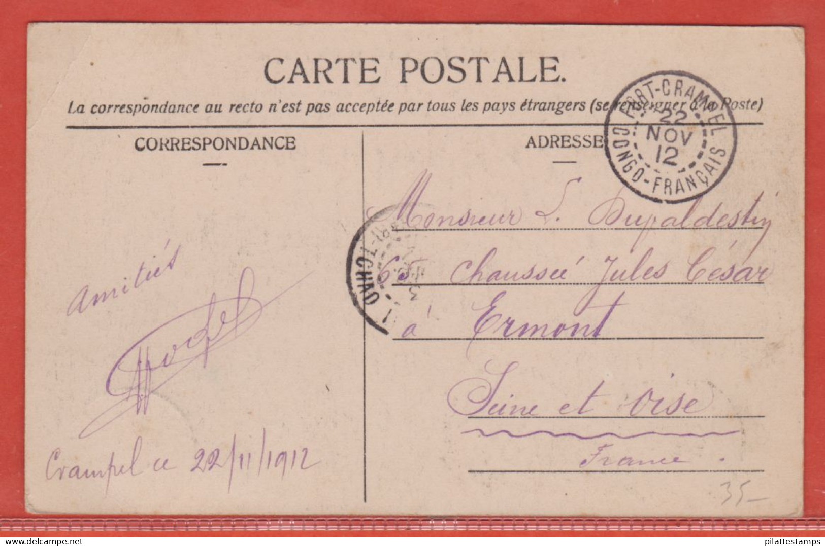 CONGO CARTE PIROGUE DE 1912 DE FORT CRAMPEL POUR ERMONT FRANCE - Brieven En Documenten