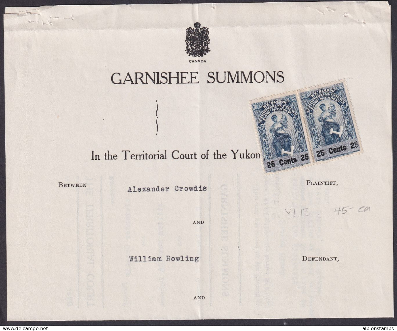 Canada Revenue (Yukon), Van Dam YL13, Used On Document - Revenues