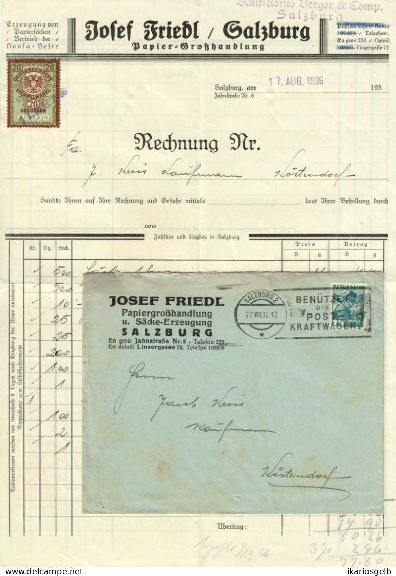 Österreich SALZBURG 1936 Deko Rechnung + Fiskalmarke + Versandcouvert Fa Josef Friedl Papiergroßhandlung Jahnstr.8 - Österreich