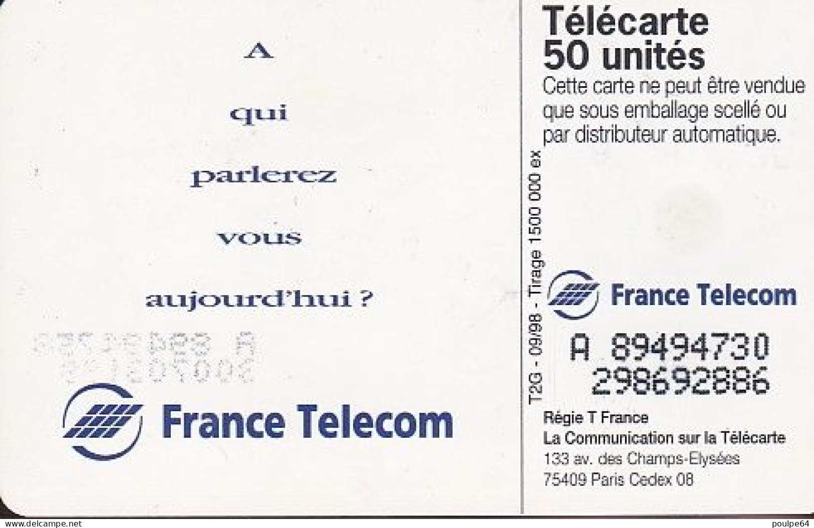 F919  09/1998 - PUBLI-PLAGE - 50 SO3 - (verso : N° Deux Lignes - 2ème Ligne Vers La Droite) - 1998