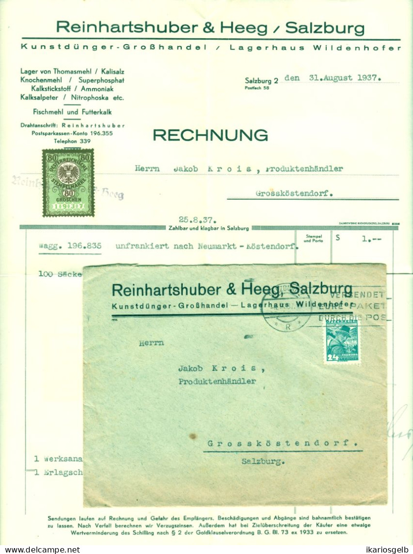 Österreich SALZBURG 1937 Deko Rechnung + Fiskalmarke + Versandcouvert Fa Reinhartshuber&Heeg Kunstdünger Wildenhofer Lag - Österreich