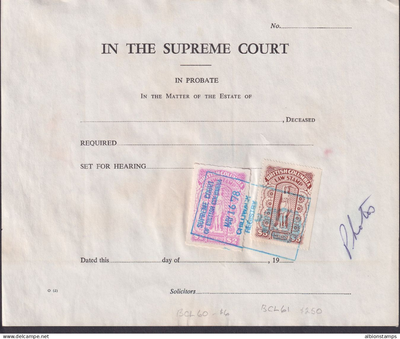 Canada Revenue (British Columbia), Van Dam BCL57, 60, Used On Document - Fiscale Zegels