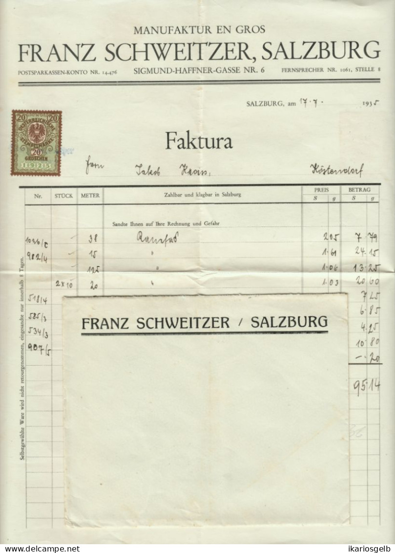 Österreich SALZBURG 1935 Deko Rechnung + Fiskalmarke + Versandcouvert Fa Franz Schweitzer Textilfabrik Si.Haffnergasse 6 - Austria