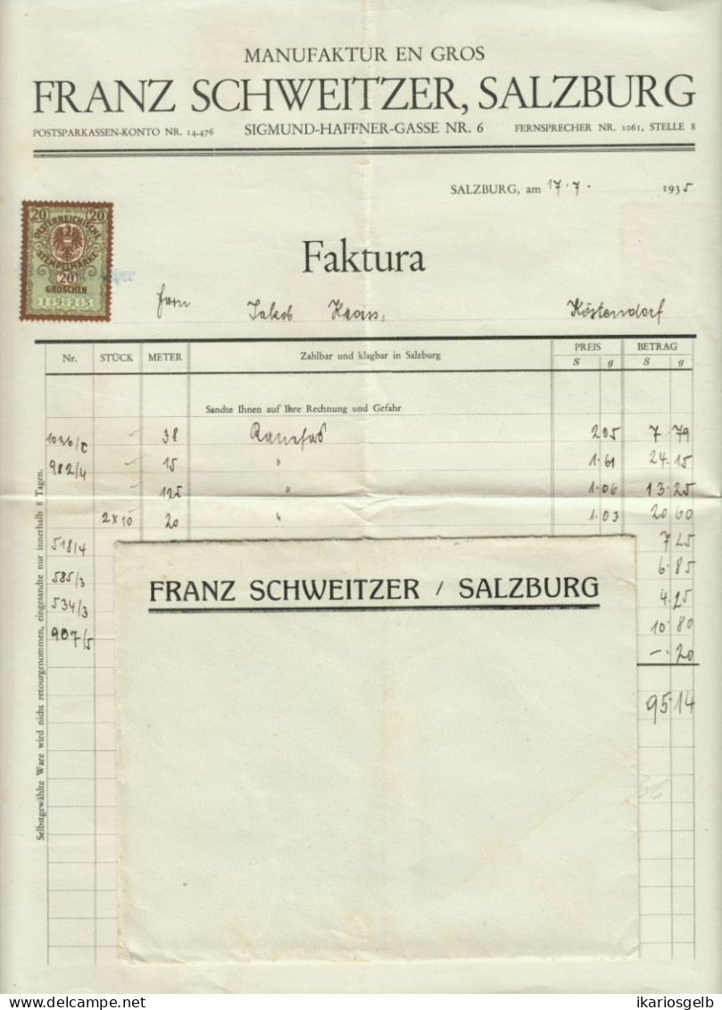 Österreich SALZBURG 1935 Deko Rechnung + Fiskalmarke + Versandcouvert Fa Franz Schweitzer Textilfabrik Si.Haffnergasse 6 - Autriche