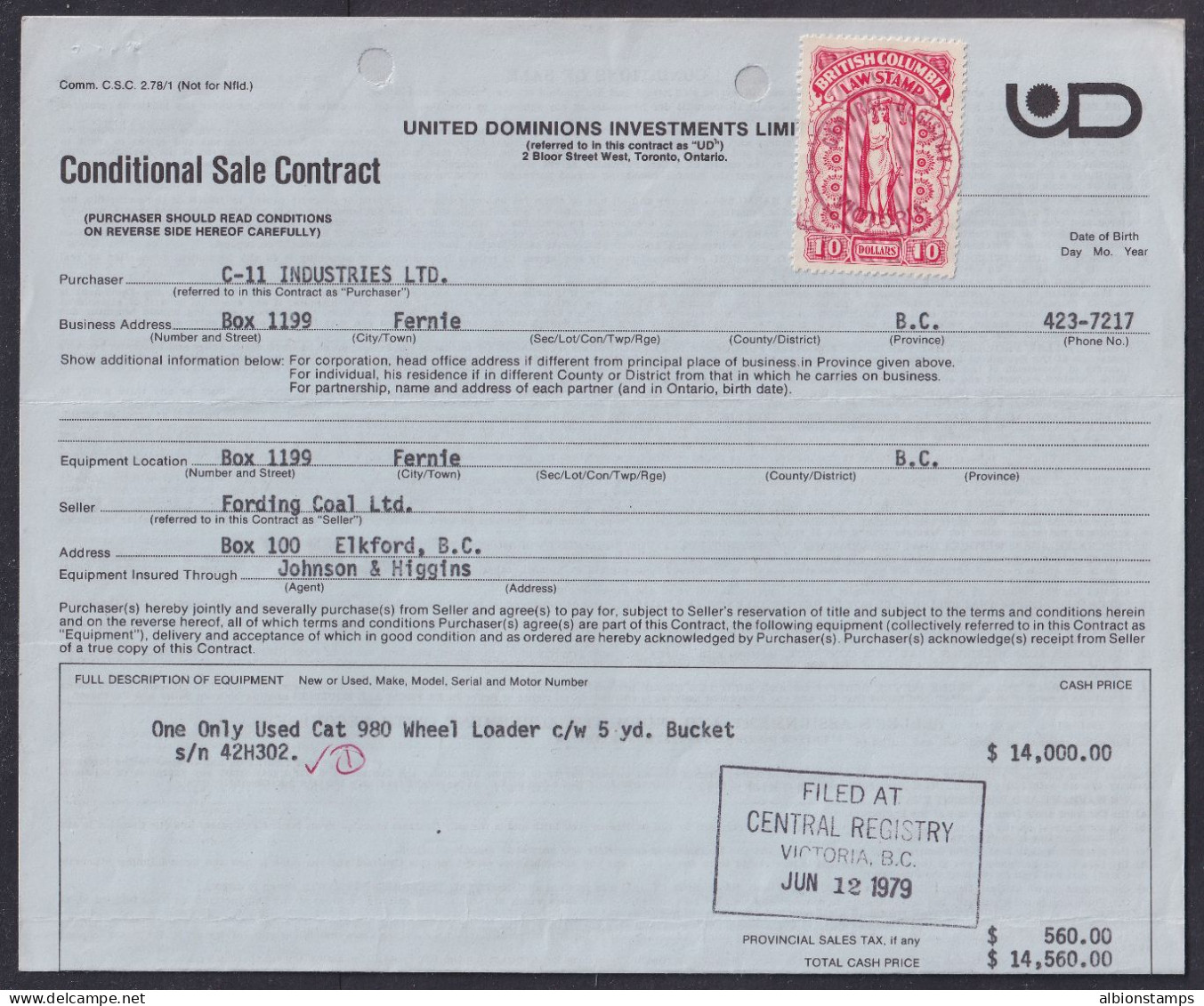 Canada Revenue (British Columbia), Van Dam BCL57, Used On Document - Fiscale Zegels