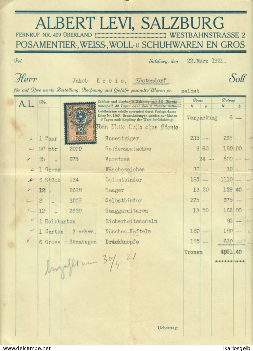 Österreich SALZBURG 1921 Deko Rechnung + Fiskalmarke Fa Albert Levi Posamentier- Schuh- Weisswaren Westbahnstr.2 - Austria