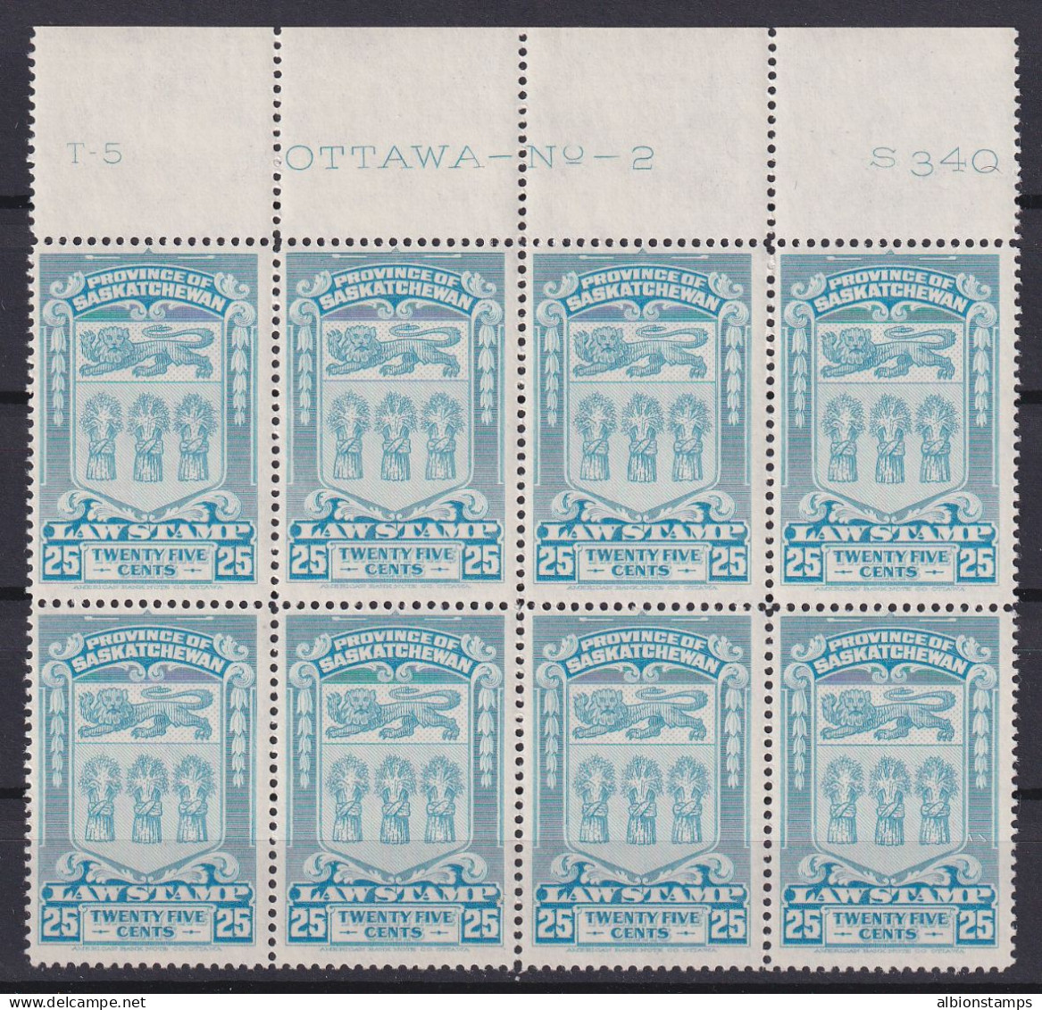 Canada Revenue (Saskatchewan), Van Dam SL48, MNH Plate Block - Steuermarken