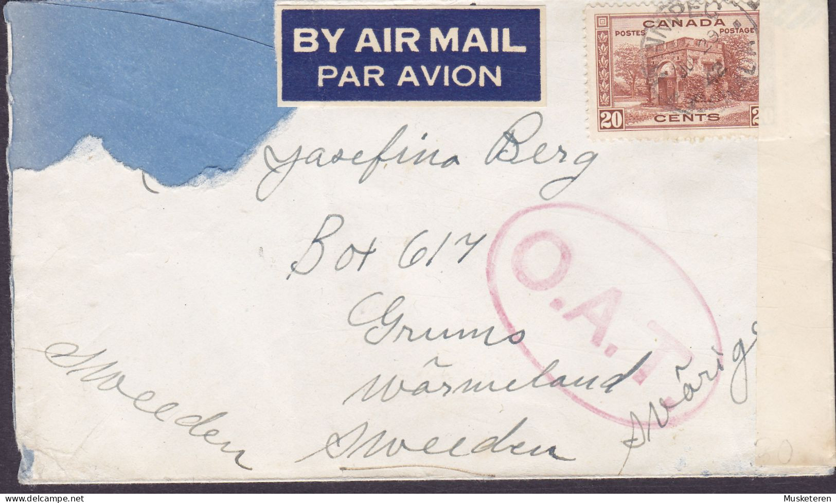 WWII. BY AIR MAIL Par Avion Label WINNIPEG 1942 Cover Lettre Sweden O.A.T. Censor 'Examined By DB/C.36' Label (2 Scans) - Briefe U. Dokumente