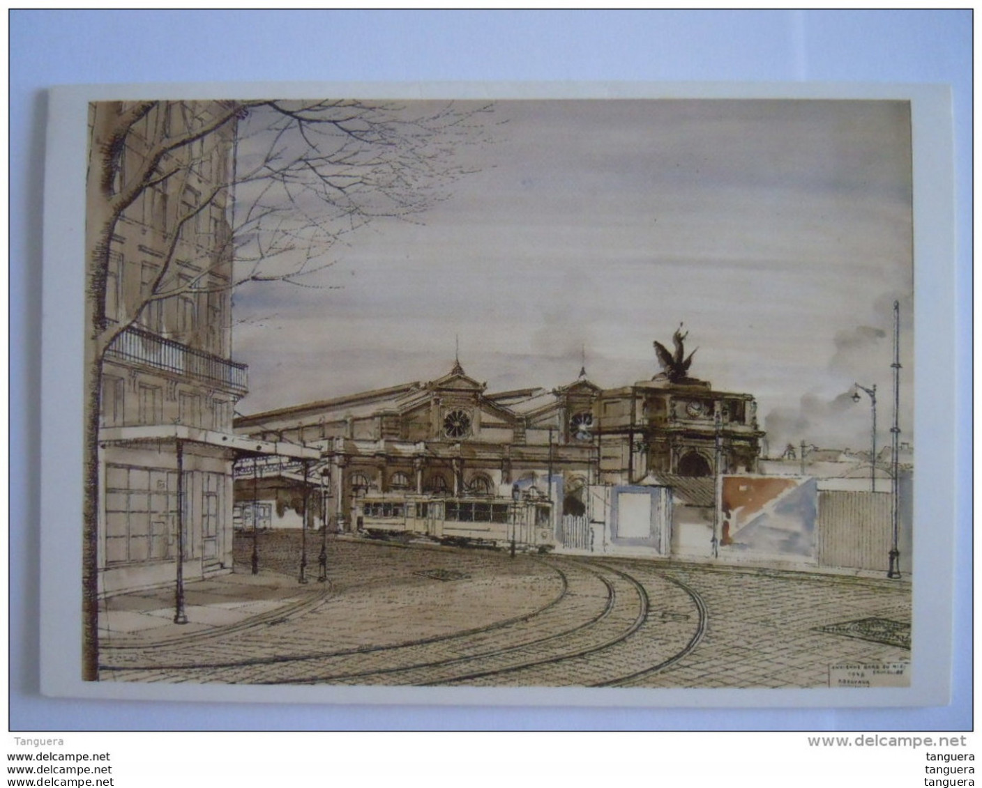 Dubbele Kaart Carte Double Bruxelles Ancienne Gare Du Midi Paul Delvaux Het Oude Zuidstation Tram Form 11,5 X 17 Cm - Transport (rail) - Stations