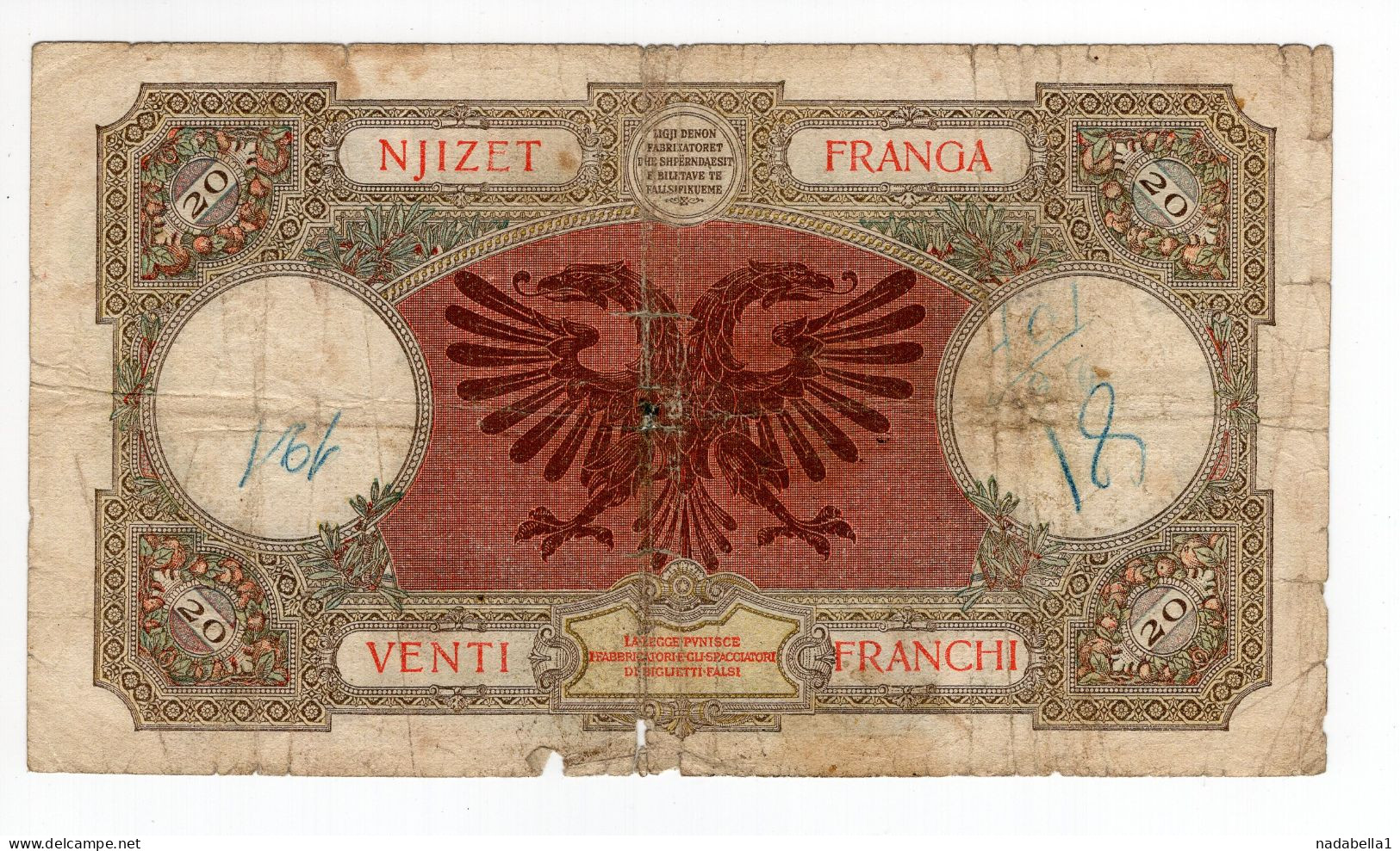 1939,1940? ALBANIA,ITALIAN OCCUPATION,20 FRANGA,VENTI FRANCHI BANKNOTE - Albania