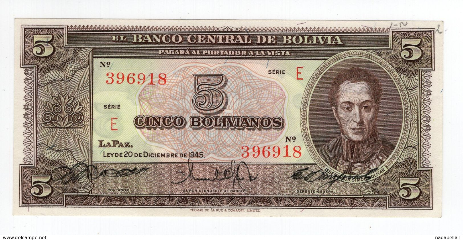 1945. BOLIVIA,5 BOLIVIANOS BANKNOTE - Bolivie