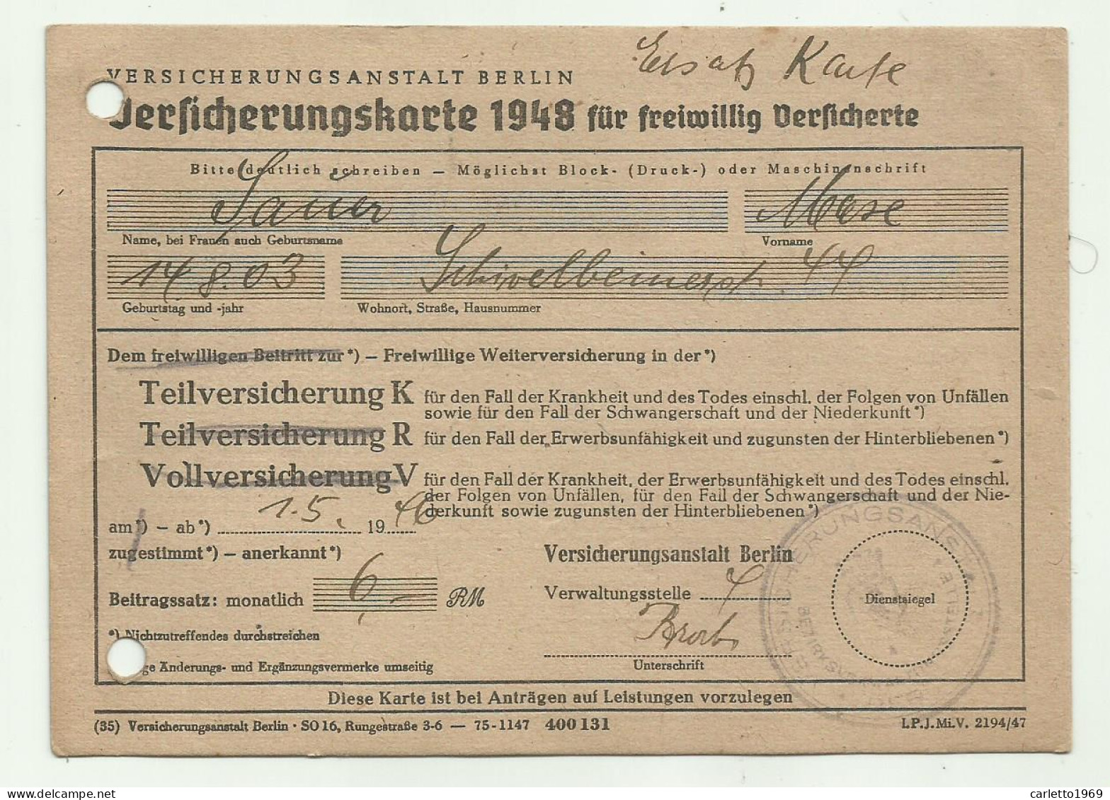 TESSERA D'ASSICURASIONE 1948 - JERSICHERUNGSKARTE - CM.14,7X10,5 - Membership Cards