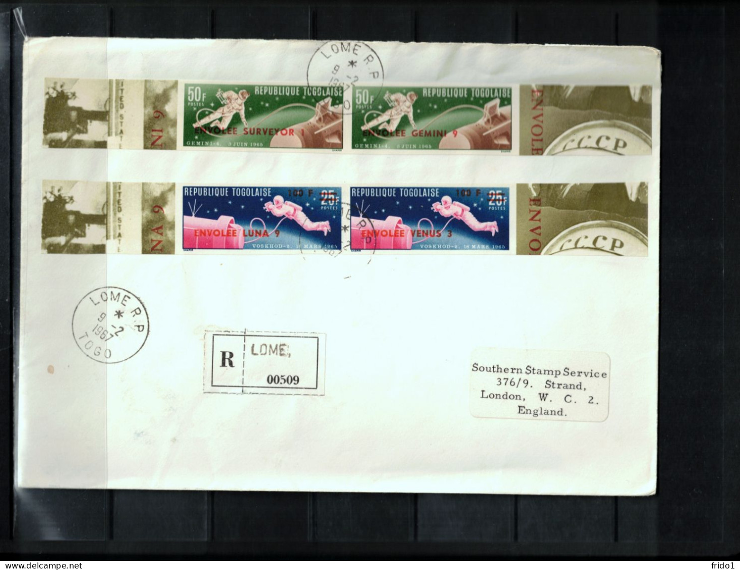 Togo 1967 Space / Weltraum Surveyor,Gemini 9,Luna 9,Venus 3 Imperforated Set On Registered Letter Scarce - Afrika