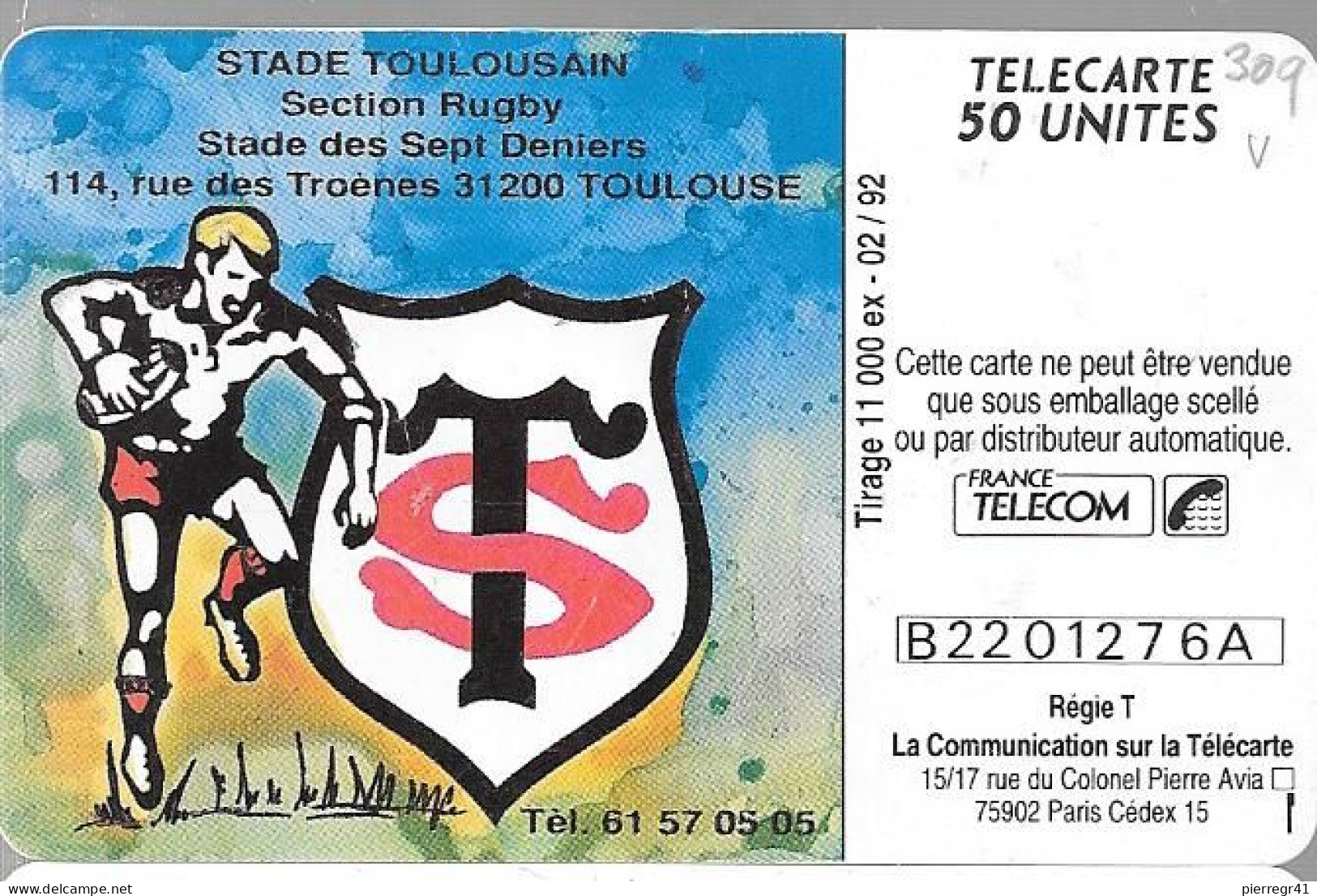 CARTE-PRIVEE-50U-EN309-GemA-STADE TOULOUSAIN RUGBY- V°Série N°B2201276A-R°Glacé-Utilisé-BE- R° Petites Stries - 50 Einheiten