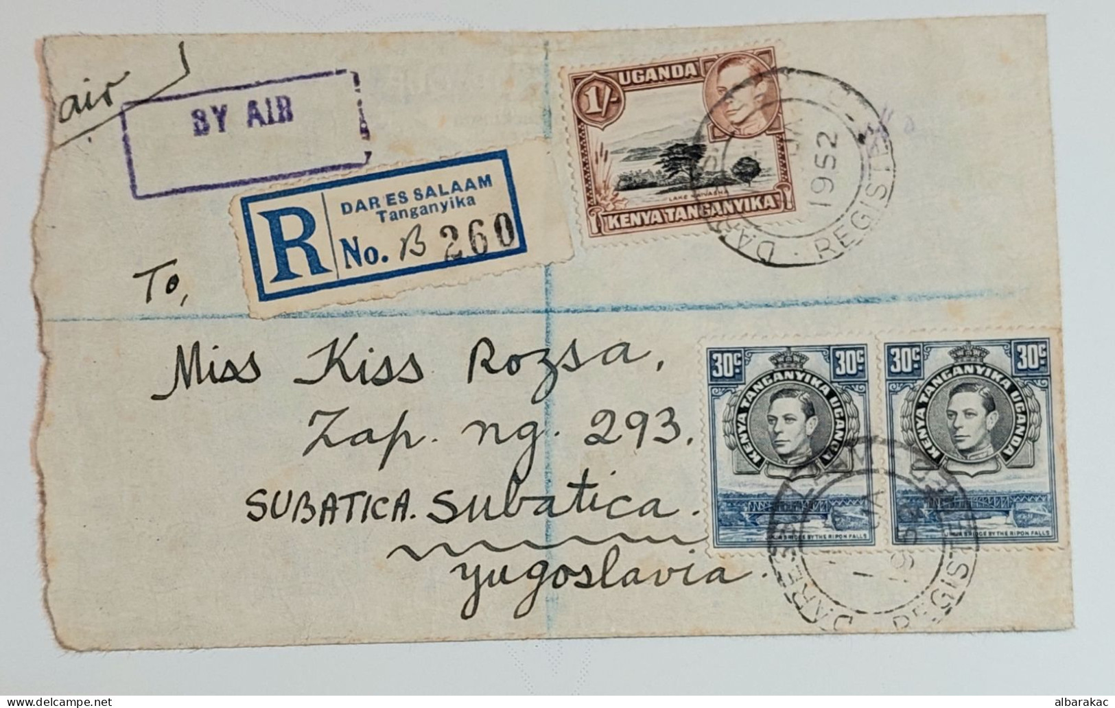 Tanganyika - Dar Es Salaam Registered Cover , Stamp 30 C In Pair , Used Air Mail 1952 , - Kenya, Uganda & Tanganyika