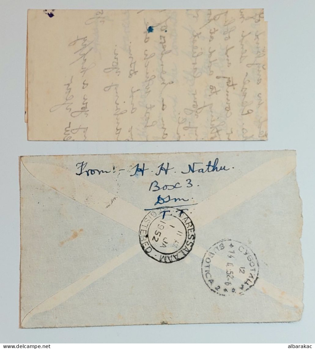 Tanganyika - Dar Es Salaam Registered Cover , Stamp 30 C In Pair , Used Air Mail 1952 , - Kenya, Uganda & Tanganyika