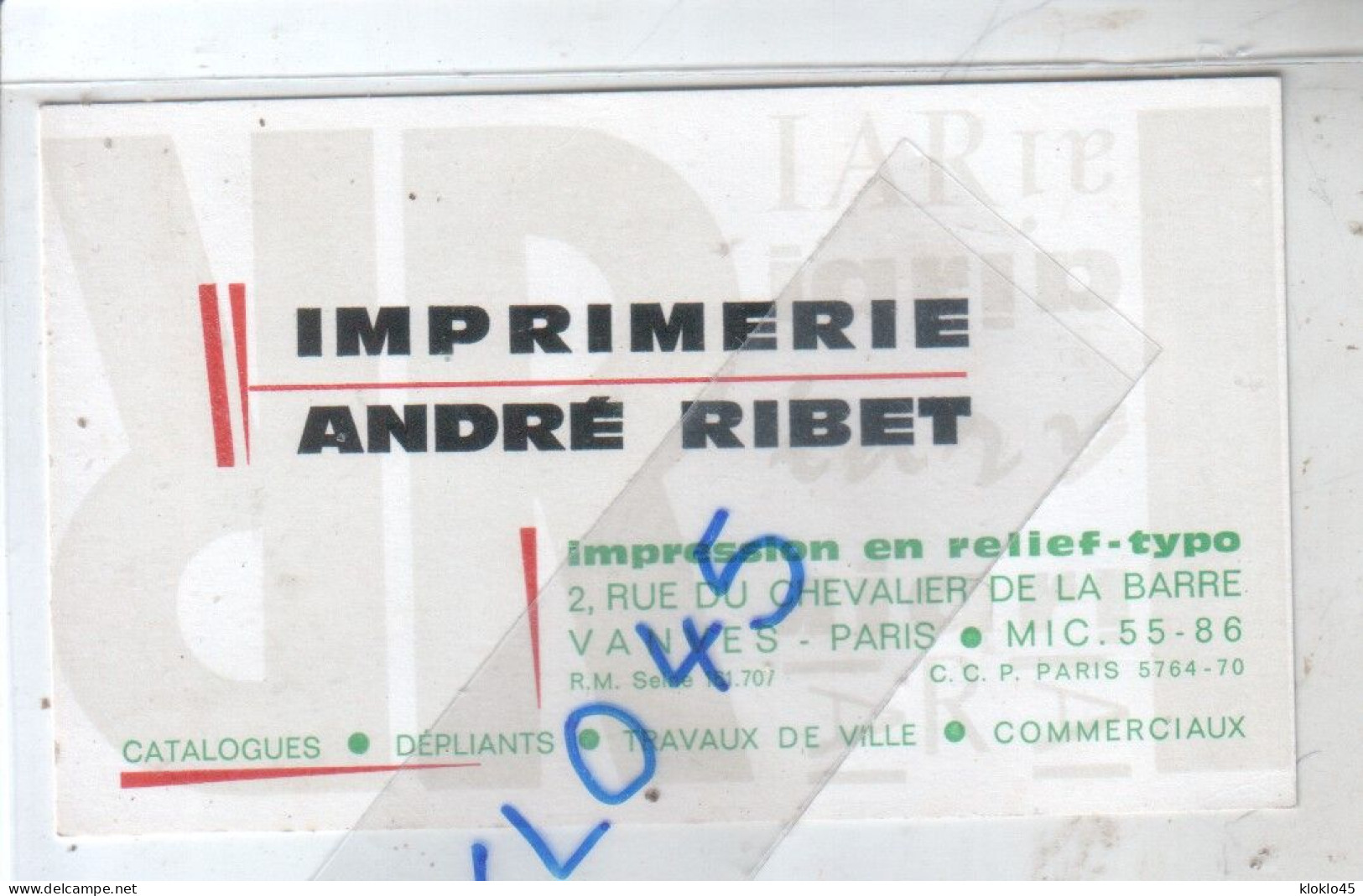 Carte De Visite Publicitaire - IMPRIMERIE ANDRE RIBET - CATALOGUES DEPLIANTS TRAVAUX DE VILLE COMMERCIAUX - Other & Unclassified