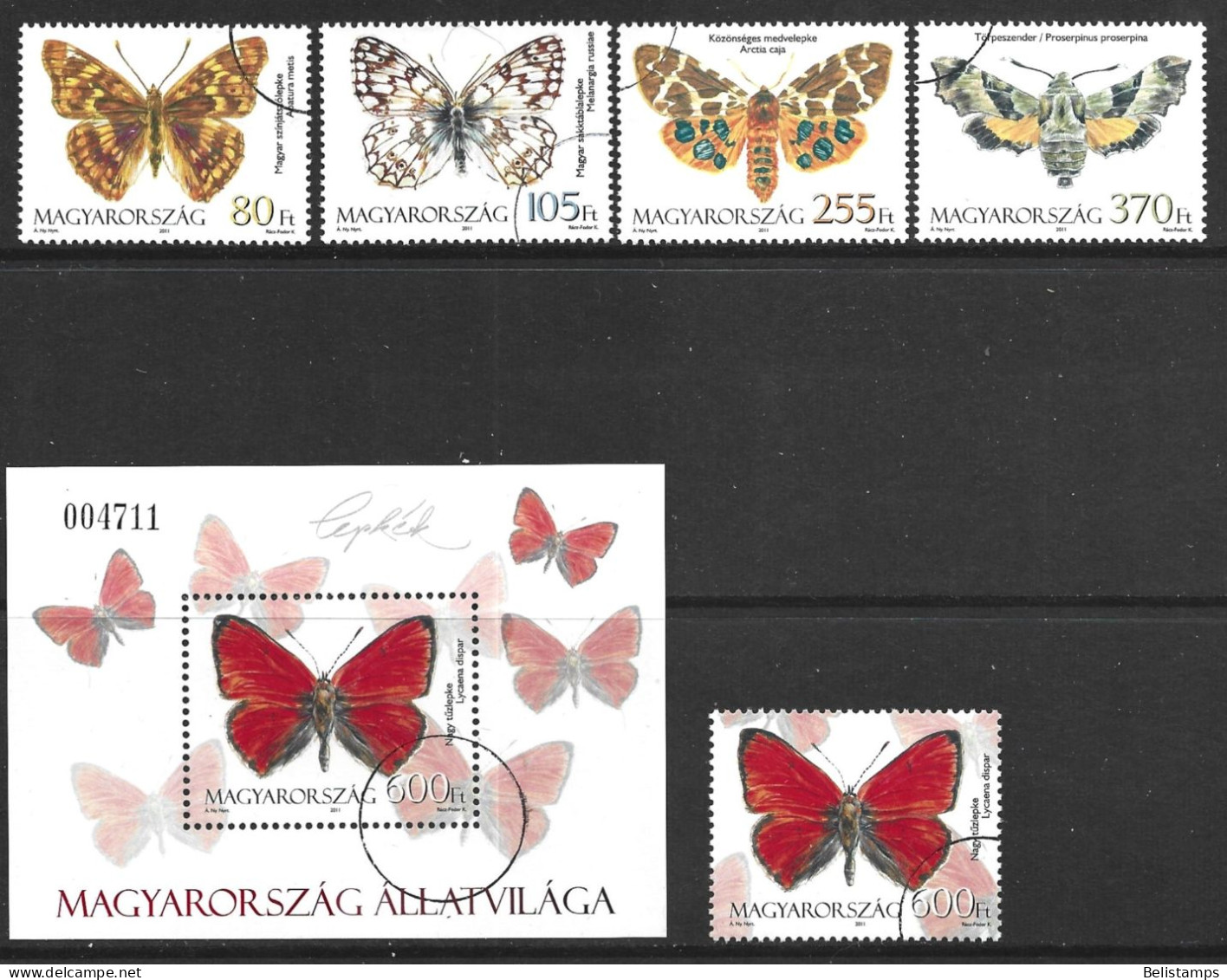 Hungary 2011. Scott #4202-6 (U) Butterflies  *Complete Set* - Usado