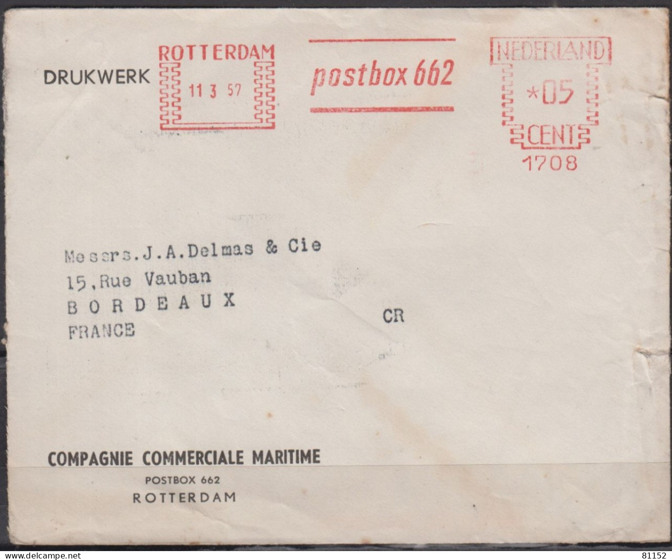 Cachet Machine EMA " POSTBOX 662 "  Sur Lettre Pub De ROTTERDAM   Le 11 2 57  Pour  BORDEAUX - Macchine Per Obliterare (EMA)