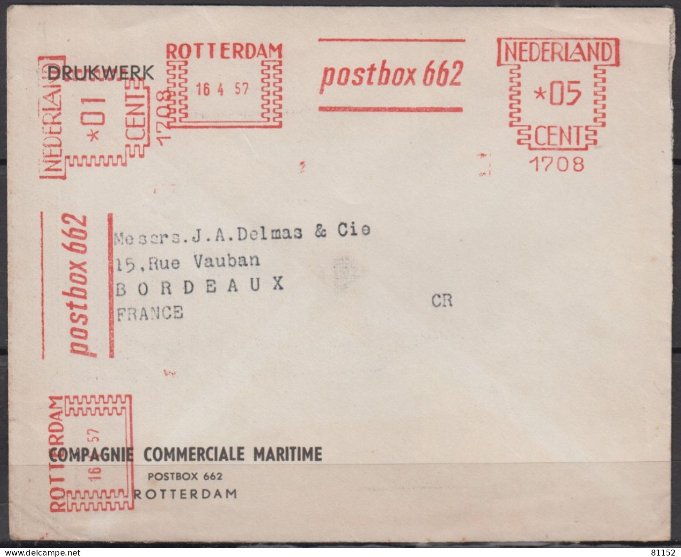 Cachet Machine EMA " POSTBOX 662 "  Sur Lettre Pub De ROTTERDAM   Le 16 4  57  Pour  BORDEAUX - Franking Machines (EMA)