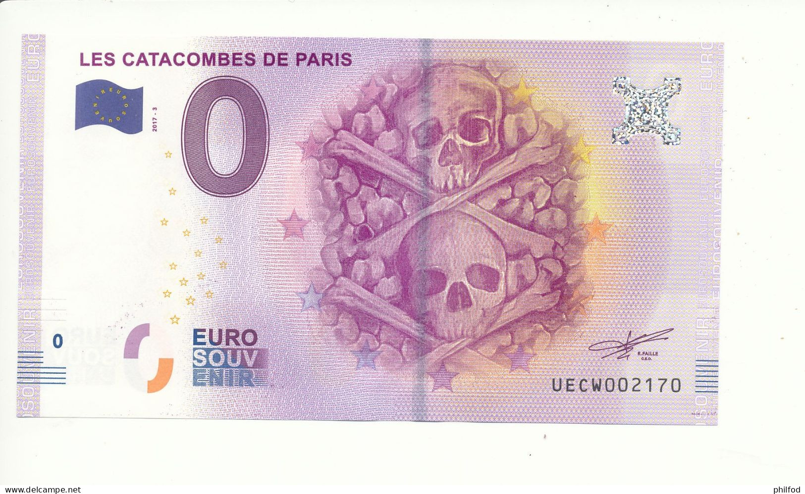 Billet Souvenir - 0 Euro - UECW - 2017-3 - LES CATACOMBES DE PARIS -  N° 2170 - Billet épuisé - Prove Private