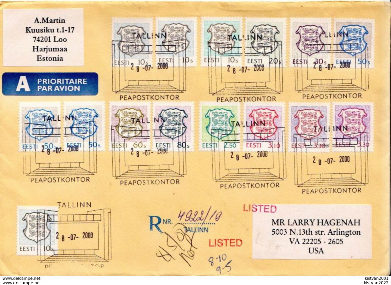 Estonia R Cover From 2000 With 15 Different Coat Of Arms Stamps - Estonie