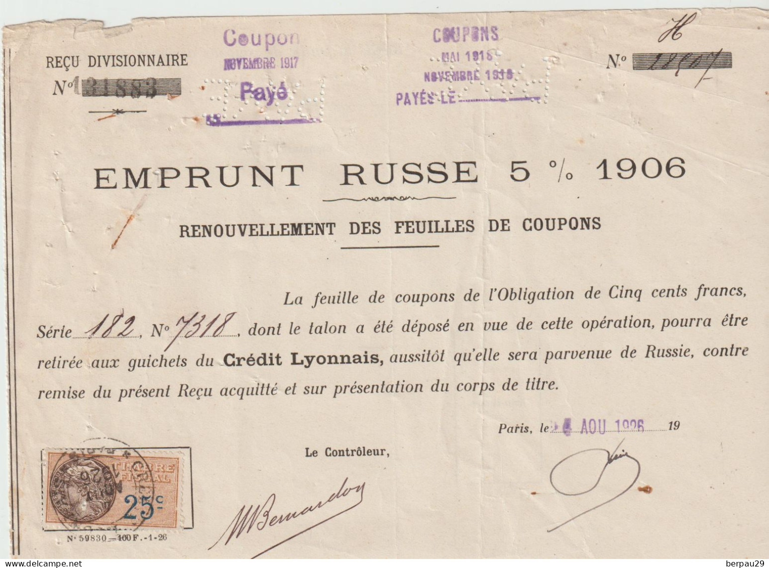 1906 Emprunt RUSSE 6% - Action & Titres -Renouvellement Feuilles Coupons Paris 1926- Timbre Fiscal 25 C - Russie