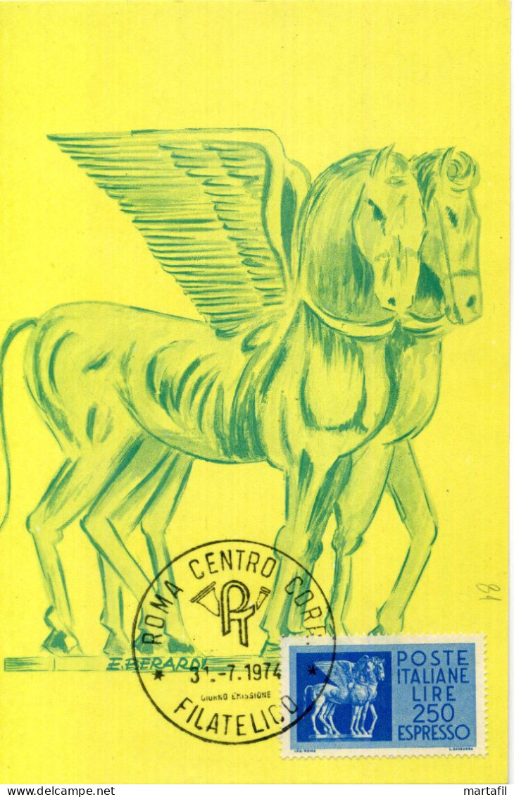 TEMATICA CAVALLI - HORSES - Cartolina, Cavalli, Espresso, Schizzo Rip. Coppia Cavalli Alati Di Tarquinia (opera Etrusca) - Horses