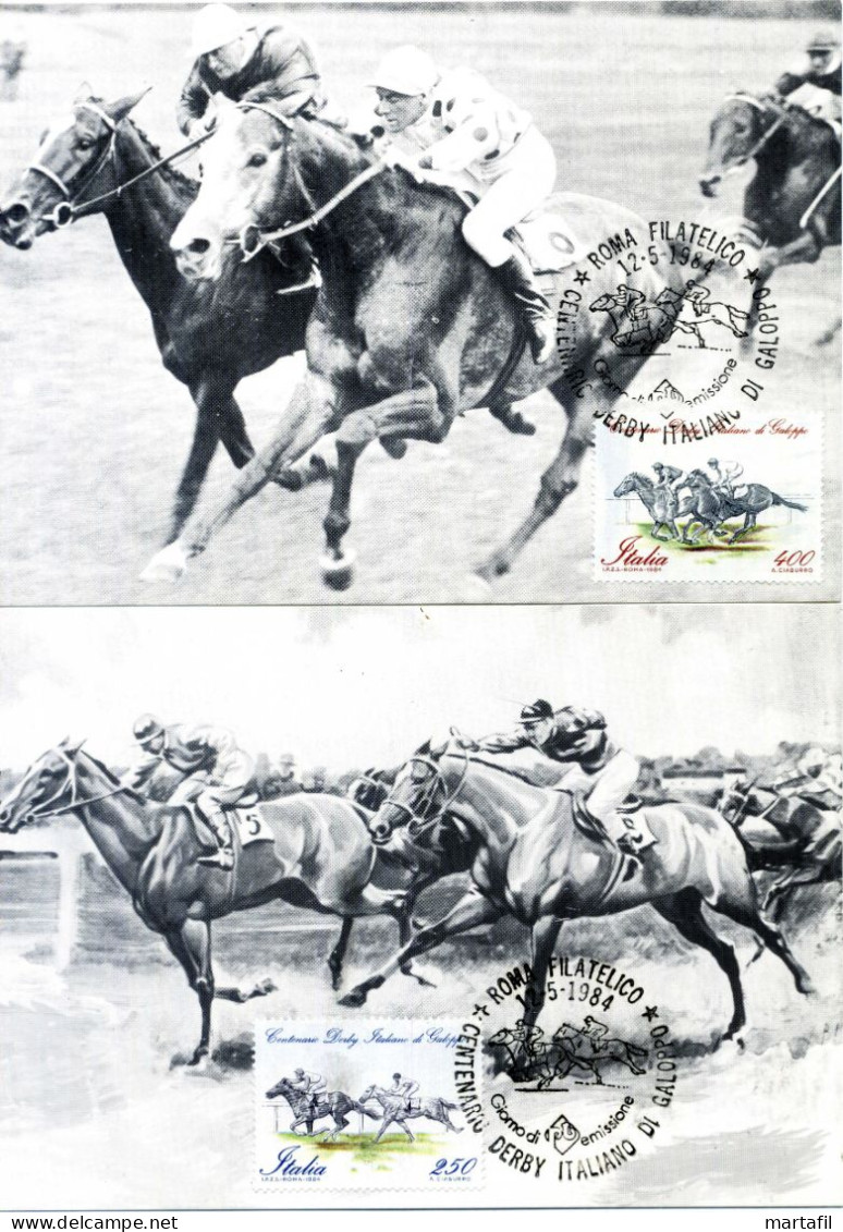 TEMATICA CAVALLI - HORSES - 2x Cartoline, Cavalli, Centenario Derby Italiano Di Galoppo, Roma 1984 - Caballos