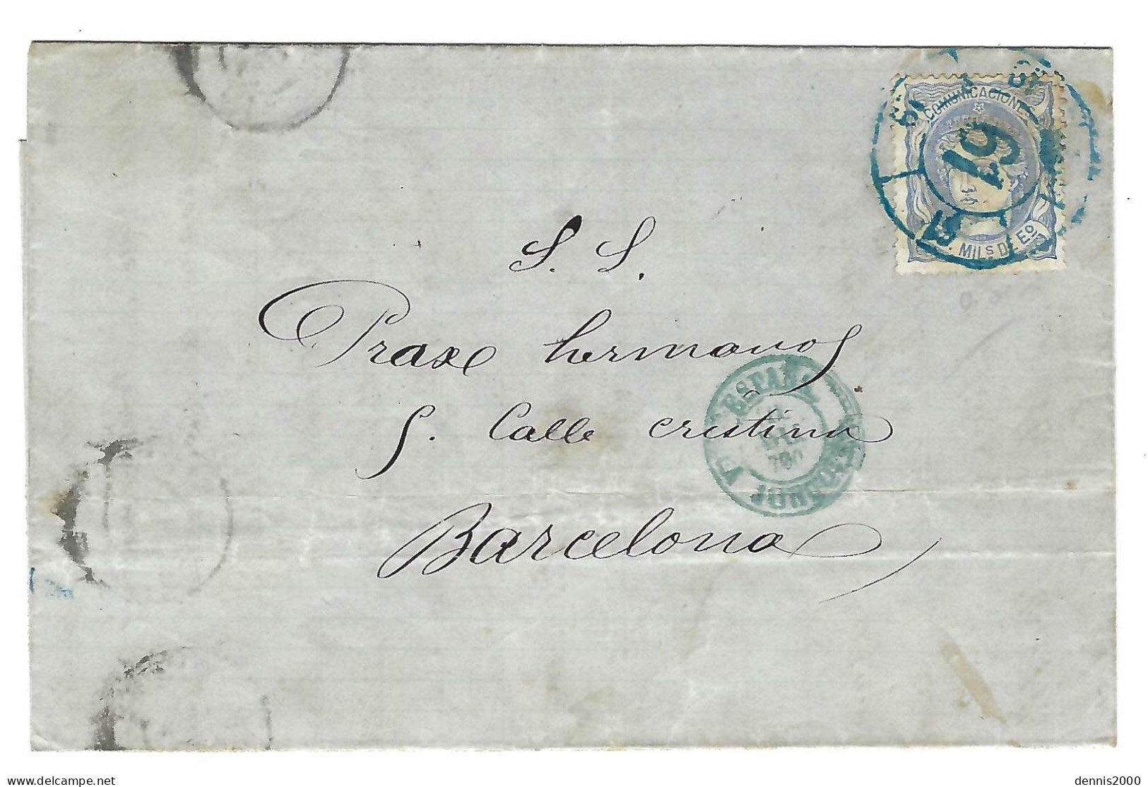 1870 - Lettre De LA JUNQUERA Affr. 50 Mill.  Oblit. Roue N°61 BLEU  Pour Barcelona - Covers & Documents