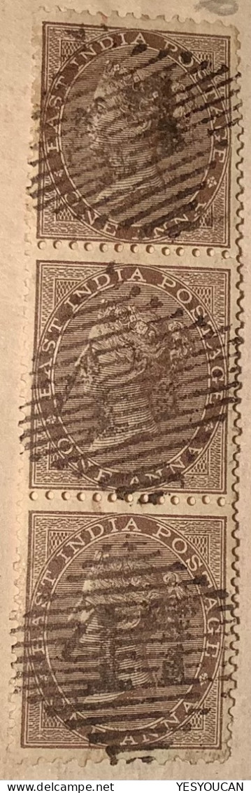 India 1856-64 1a Strip Of 3 RARE POST 1855 MUTINY PMK „47“ CHUNDOWSIE North Western Provinces (Queen Victoria Moon Lune - 1858-79 Crown Colony