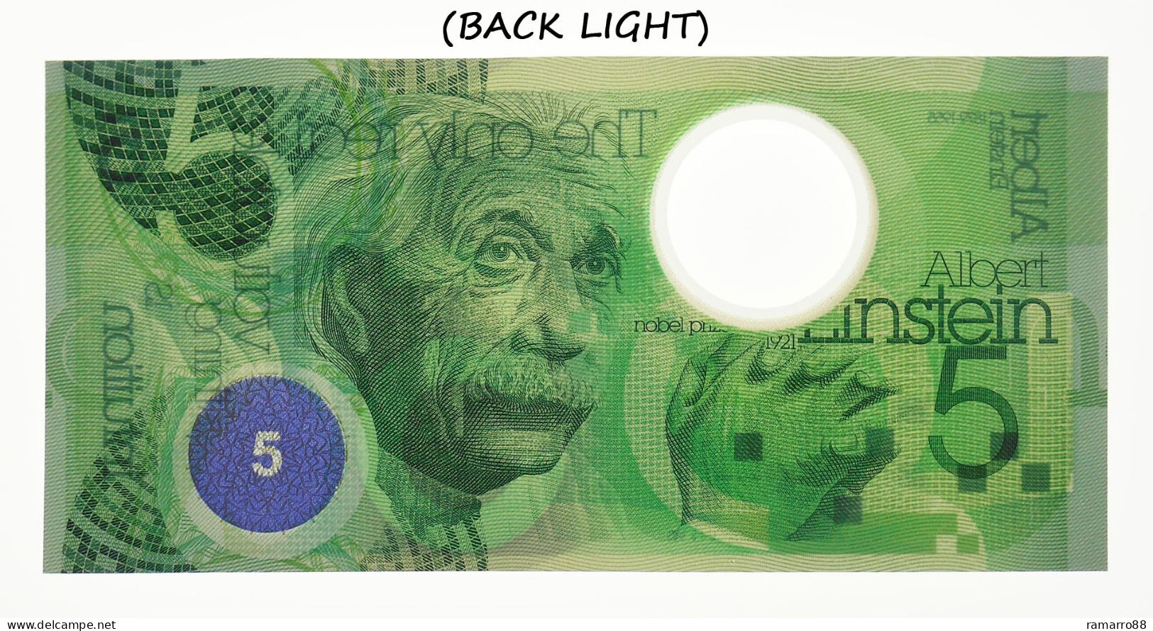 De La Rue - Albert Einstein "5" Type II - Guardian Polymer Specimen Test Note Unc