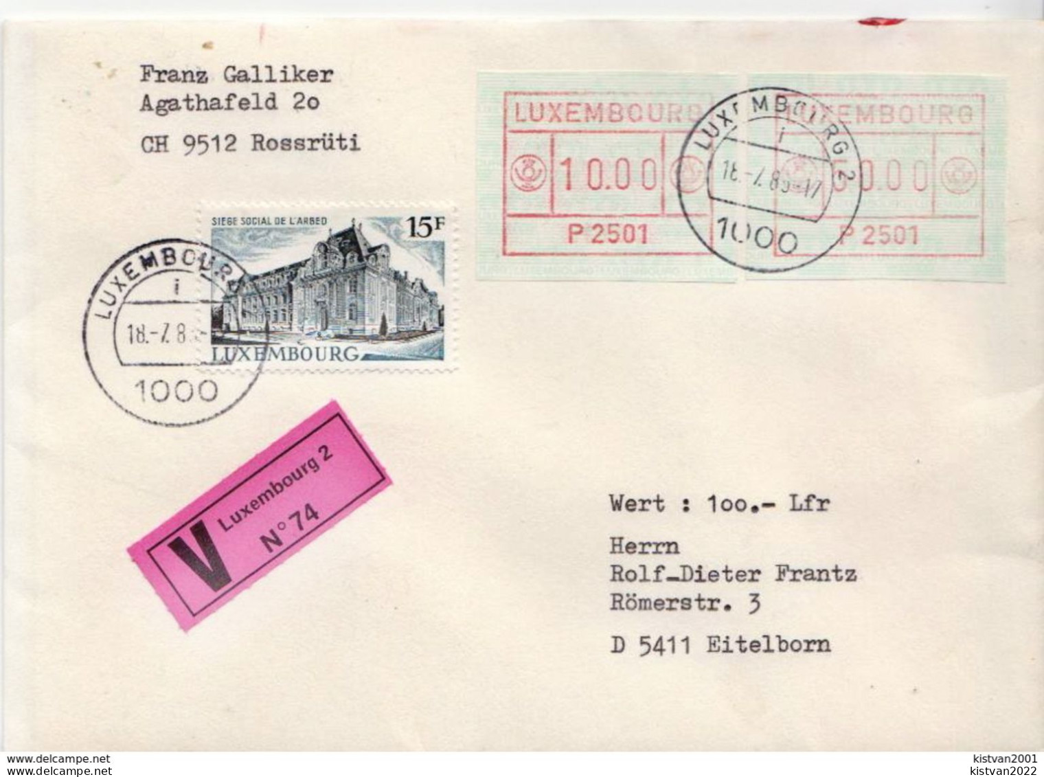 Postal History: Luxembourg V Cover With Automat Stamps - Machines à Affranchir (EMA)