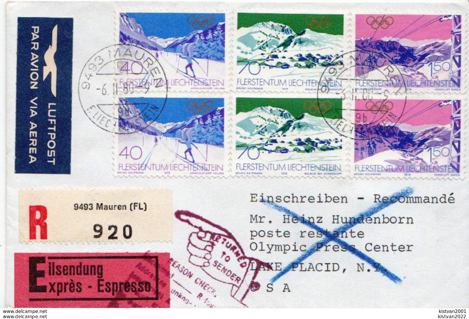 Postal History Cover: Liechtenstein R Cover With Olympic Games Sets Sent By Train Post To Lake Placid And Returned - Hiver 1980: Lake Placid