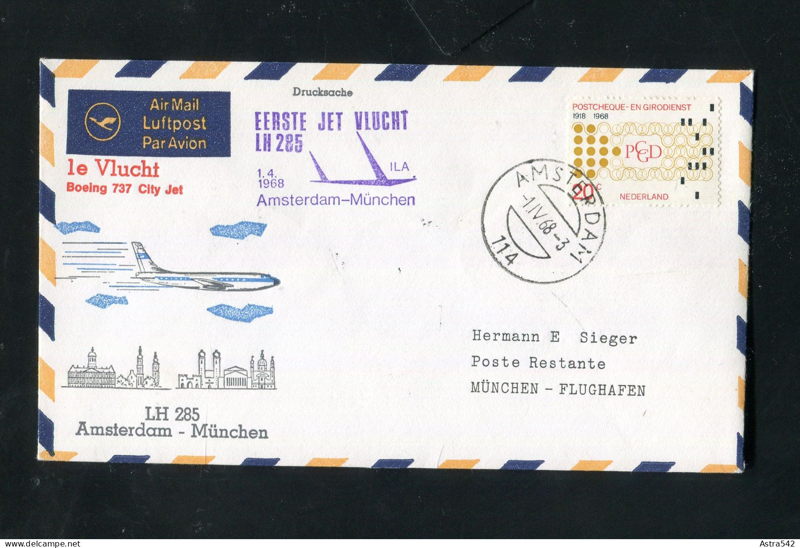 "NIEDERLANDE" 1968, Erstflugbrief LH 285 Mit Boeing 737 City Jet "Amsterdam-Muenchen" (2502) - Posta Aerea