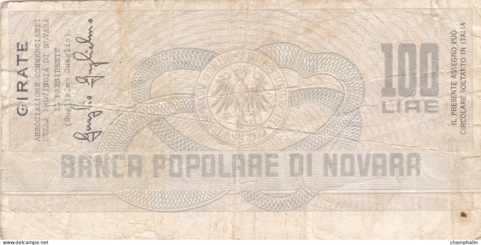 Italie - Billet De 100 Lire - Banca Popolare Di Novara - 19 Novembre 1976 - Emissions Provisionnelles - Chèque - [ 4] Voorlopige Uitgaven