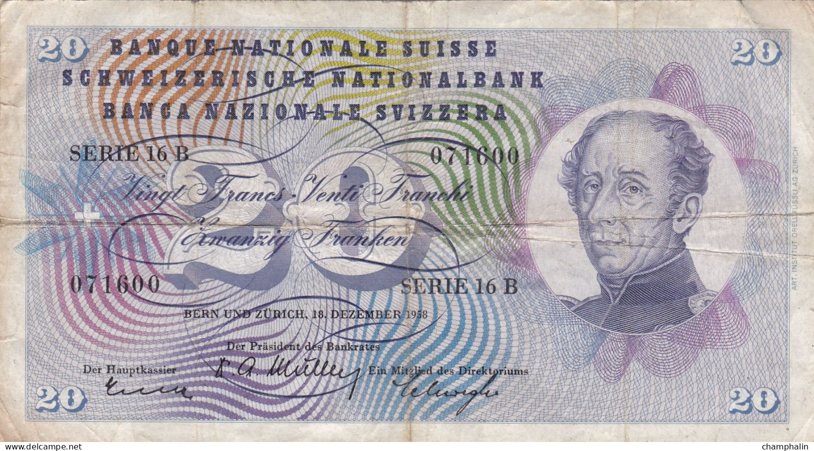 Suisse - Billet De 20 Francs - Guillaume-Henri Dufour - 16 Décembre 1958 - P46f - Switzerland