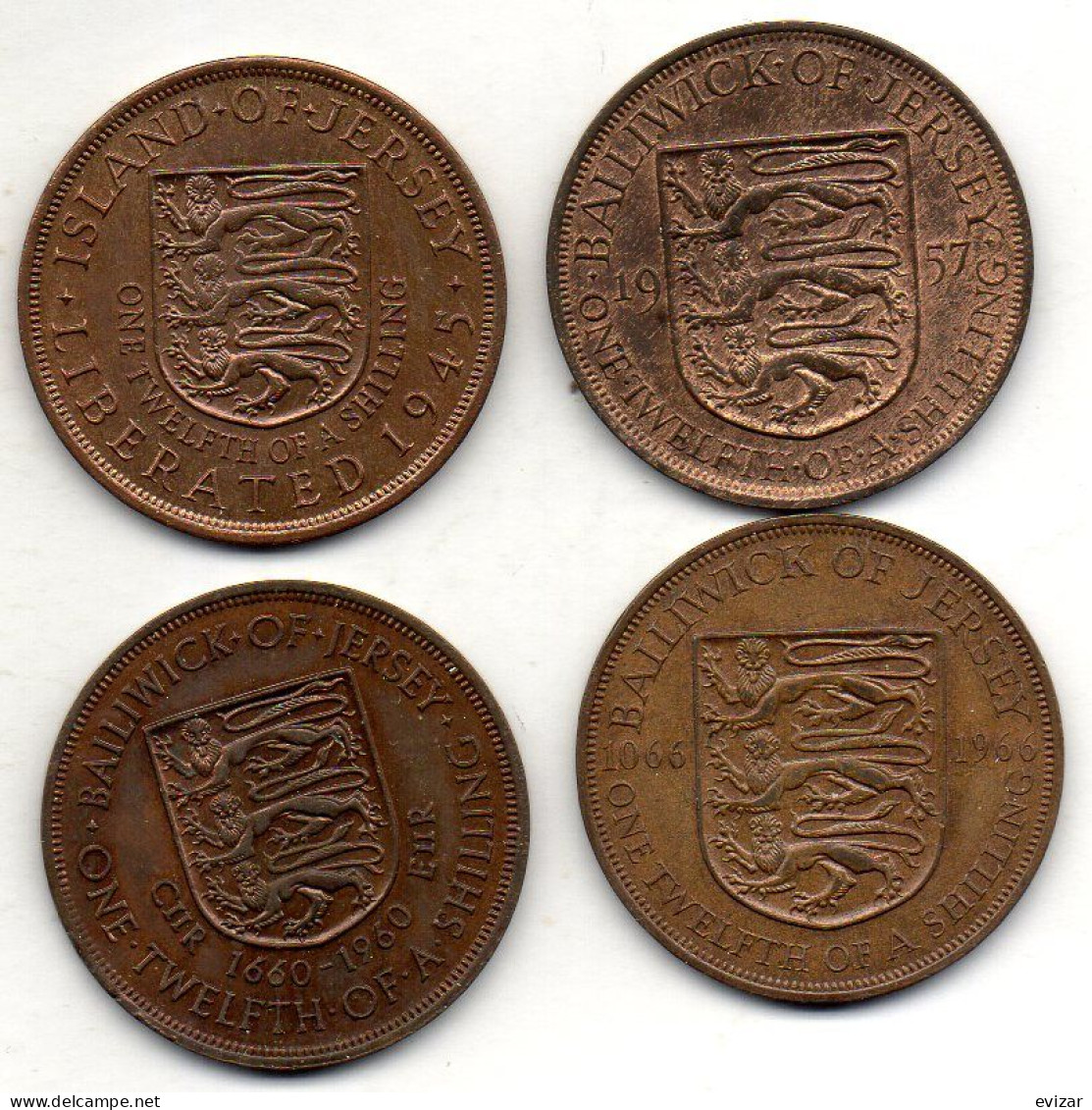 JERSEY, Set Of Four Coins 1/12 Shilling, Bronze, Year 1945-66, KM # 20, 21, 23, ,26 - Jersey