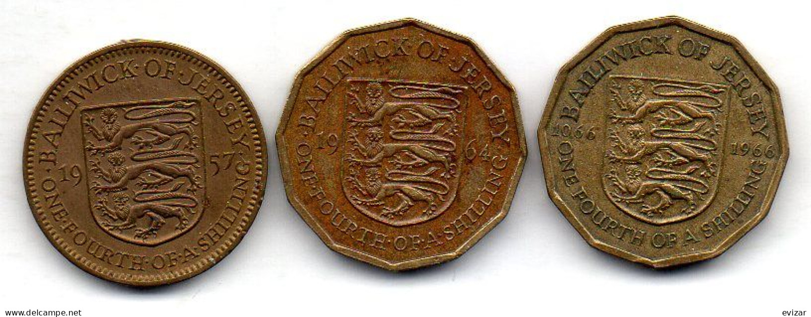 JERSEY, Set Of Three Coins 1/4 Shilling, Nickel-Brass, Year 1957-66, KM # 22, 25,, 27 - Jersey