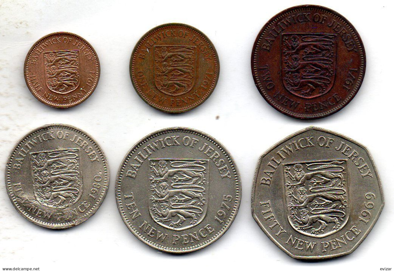 JERSEY, Set Of Six Coins 1/2, 1, 2, 5, 10, 50 New Pence, Bronze, Copper-Nickel, Year 1969-80, KM #29, 30, 31, 32, 33, 34 - Jersey
